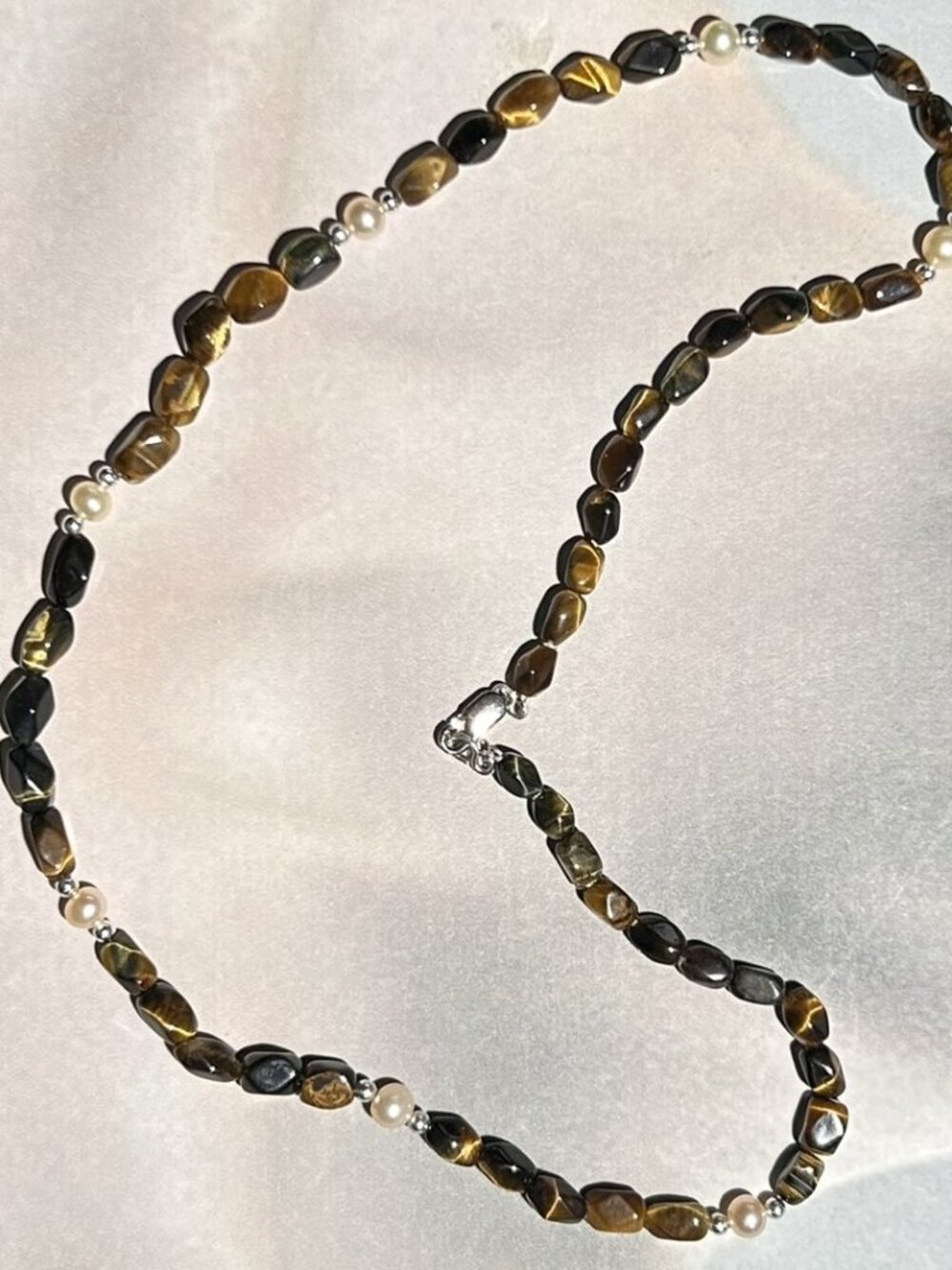 Natural Faceted Tiger-Eye Gemstones and Cultured Pearls Necklace.
